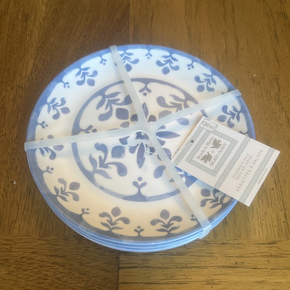 NEW-4 Sigrid Olsen Beach To Bistro Blue Pattern MELAMINE Salad Plates 7 3/4"